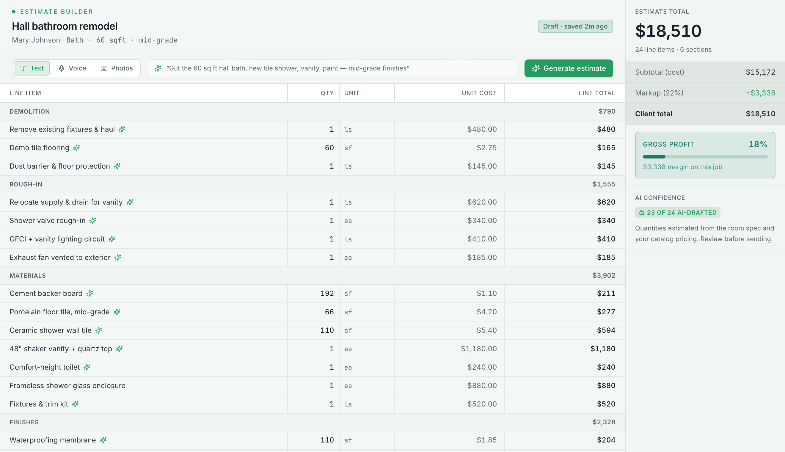 The GreenlitBid estimate builder — a spreadsheet grid of AI-drafted line items grouped into sections, with a live markup and gross-profit summary.