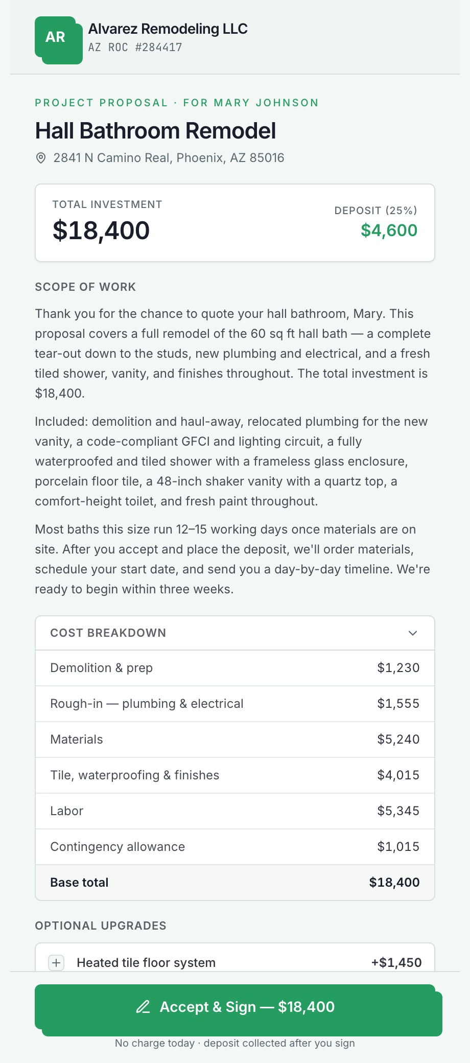 The customer-facing GreenlitBid proposal on a phone — branded scope of work, cost breakdown, and an Accept & Sign button.